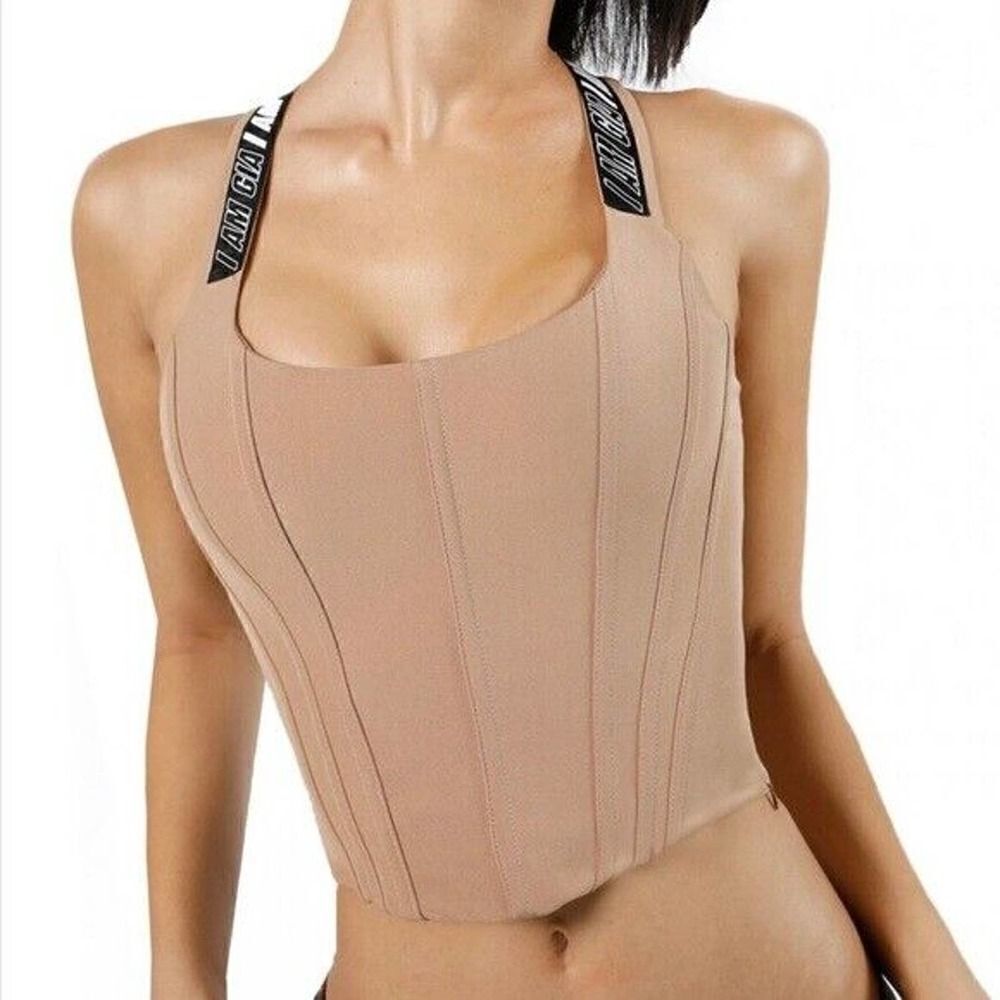 I AM GIA tan brown corset cinch back logo top size Medium
